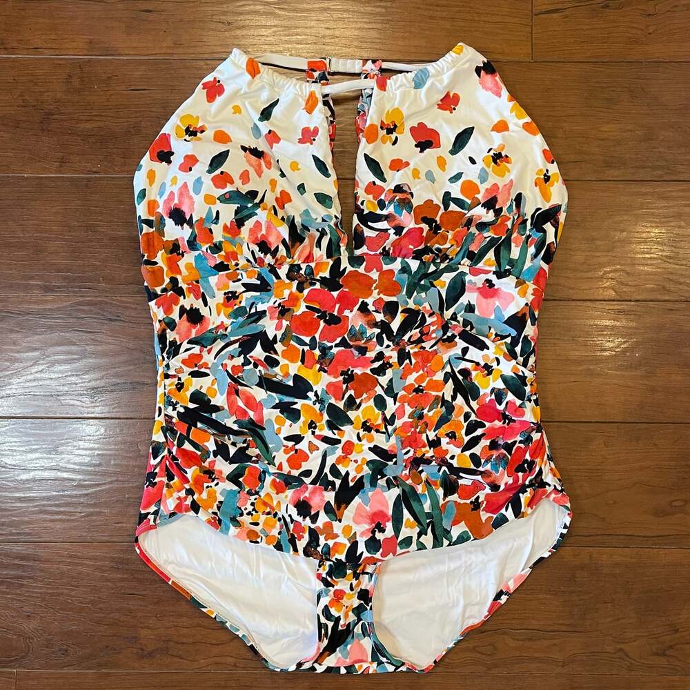 Anne Cole One Piece Swimsuit Women 20W Floral Halter Ruched Multicolor Plus Size